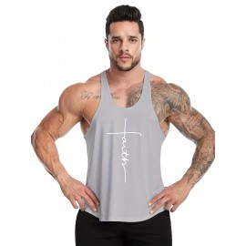 Faith Letter Print Summer Men's Quick Dry Moisture-Wicking Breathable Tank Tops, Athletic Gym Bodybuilding Sports Sleeveless Shirts, For Running Training, Men's Clothing