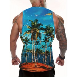 Men's Trendy Hawaiian Crew Neck Graphic Tank Top With Fancy Palm Tree Print, Perfect For Summer Beach, Pool And Resort