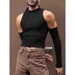 Men's Stylish Solid Cut-out Shoulder Long Sleeve Sexy Tight Fit Tank Tops For Summer