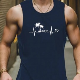 Palm Trees Print Sleeveless Tank Top, Men's Active Undershirts For Workout At The Gym