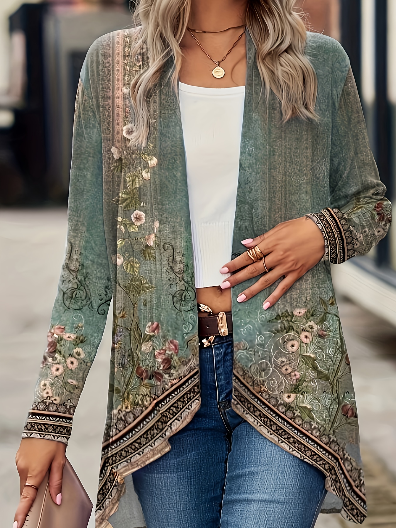 plus size casual coat womens plus floral print long sleeve open front asymmetric hem cardigan coat details 0