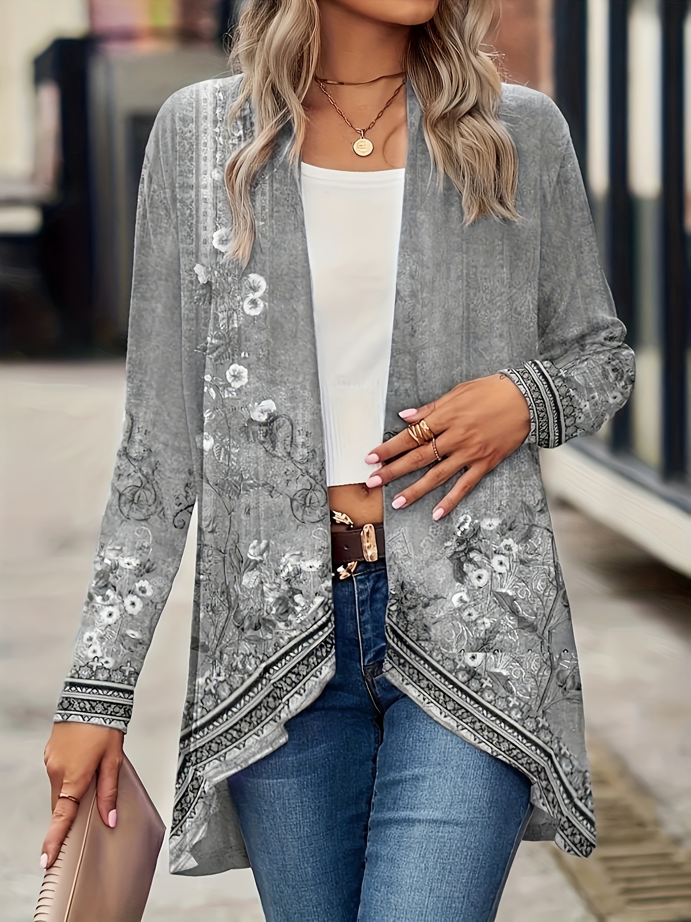 plus size casual coat womens plus floral print long sleeve open front asymmetric hem cardigan coat details 6