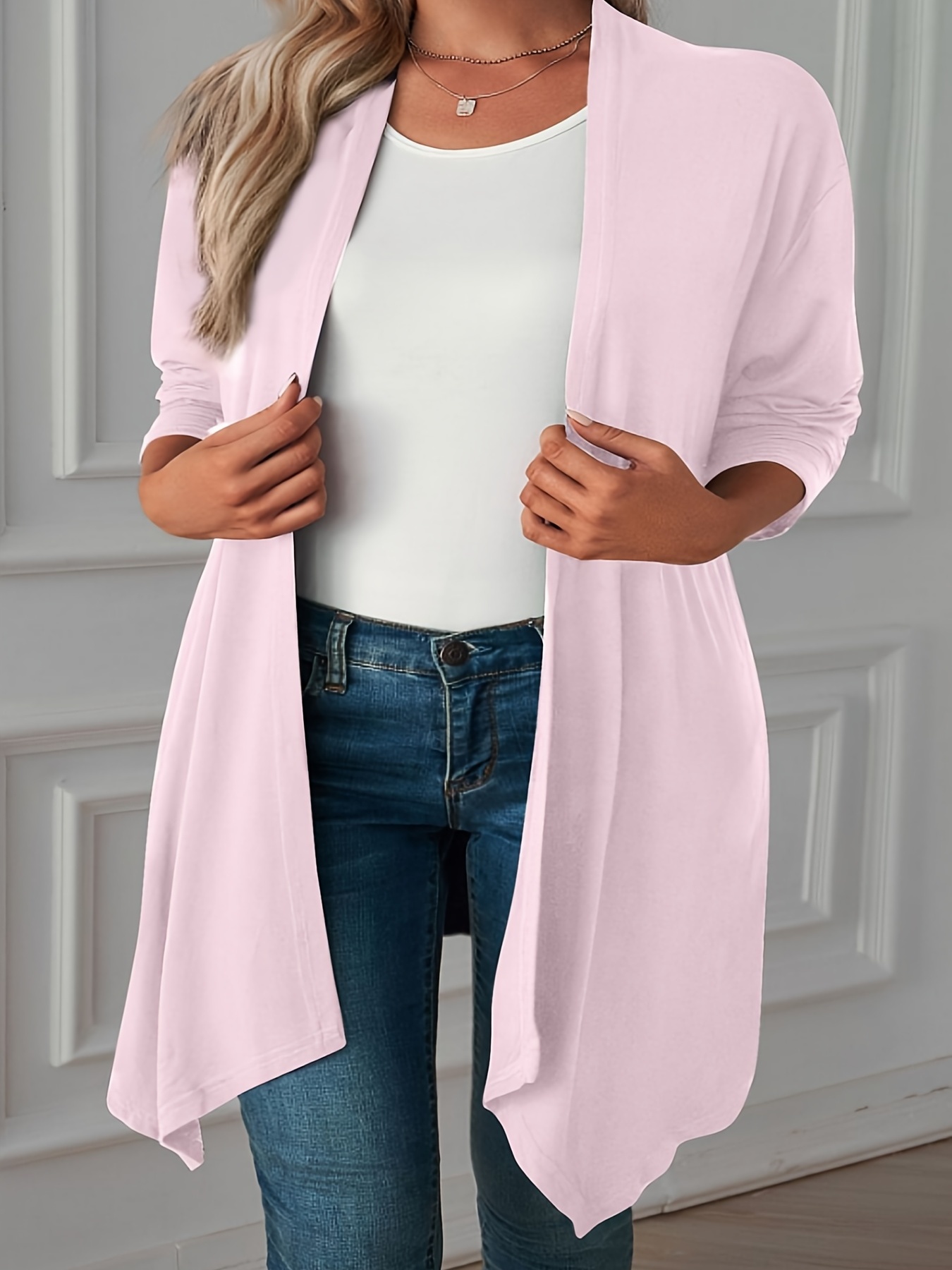 plus size casual coat womens plus solid long sleeve open front asymmetric hem medium stretch cardigan overcoat details 1