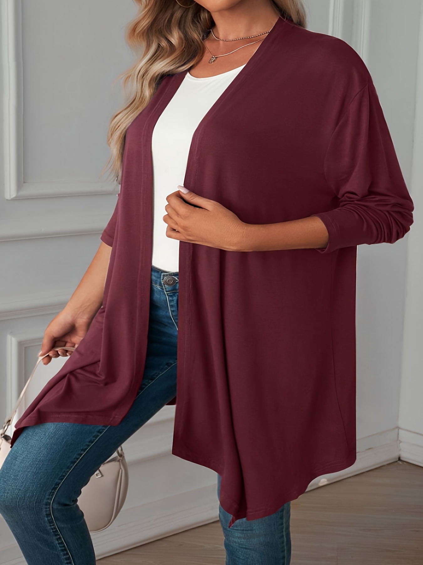 plus size casual coat womens plus solid long sleeve open front asymmetric hem medium stretch cardigan overcoat details 5