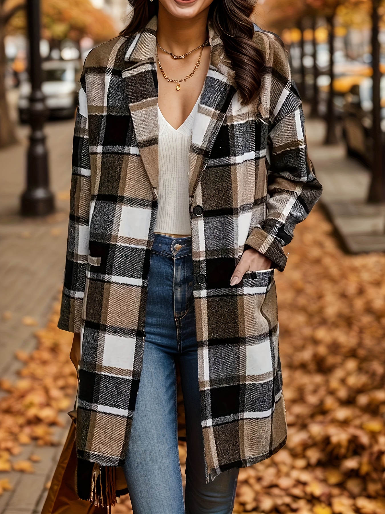 plus size casual coat womens plus plaid print long sleeve button up lapel collar longline coat details 1