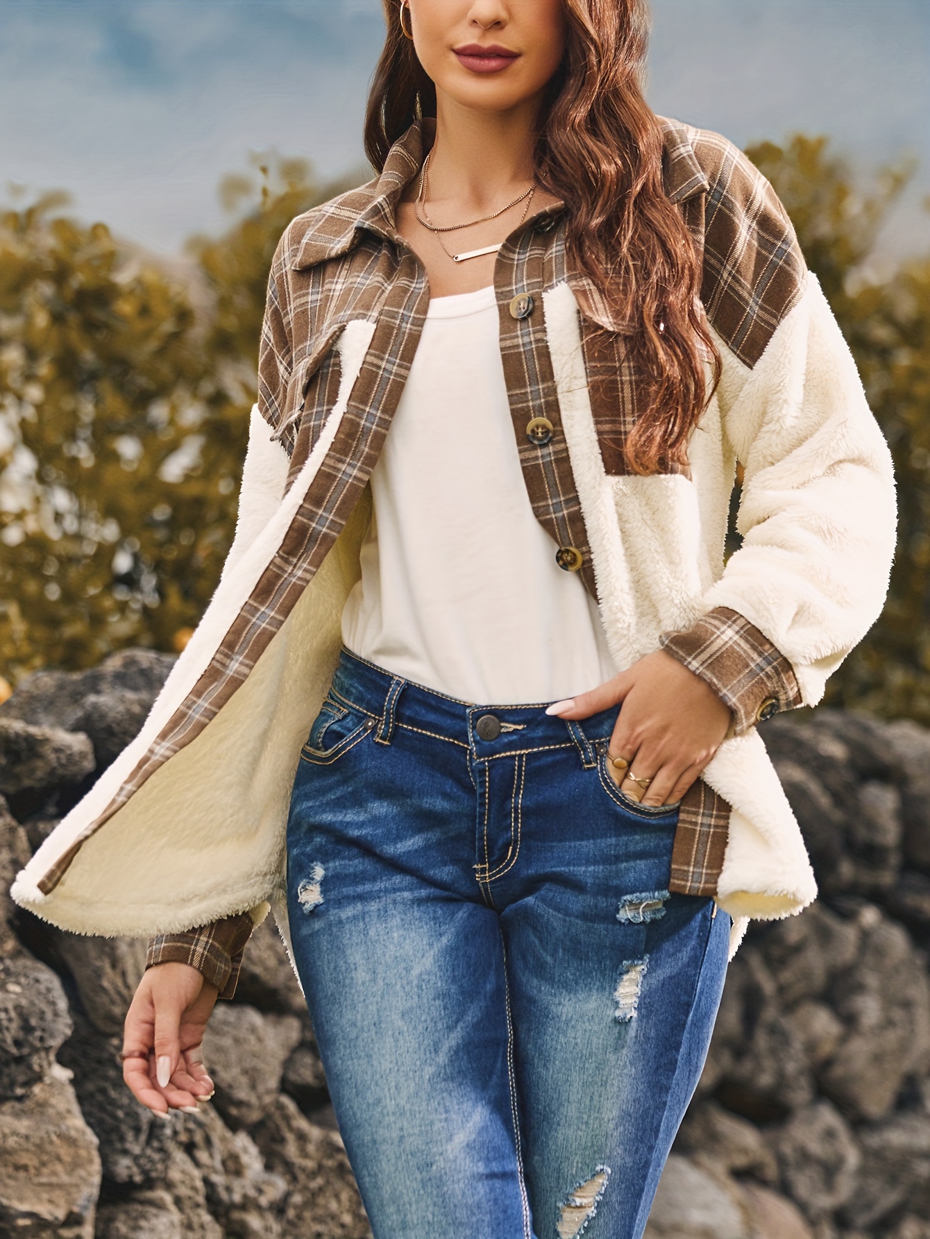 plus size plaid stitching jacket casual long sleeve   collar colorblock outwear womens plus size clothing details 3