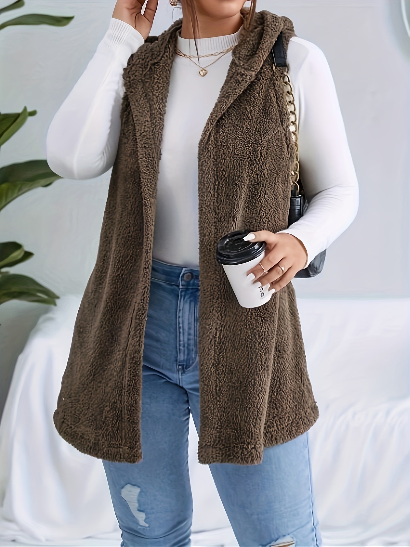 plus size casual faux fur coat womens plus solid teddy fleece hoodie open front tunic vest coat details 2