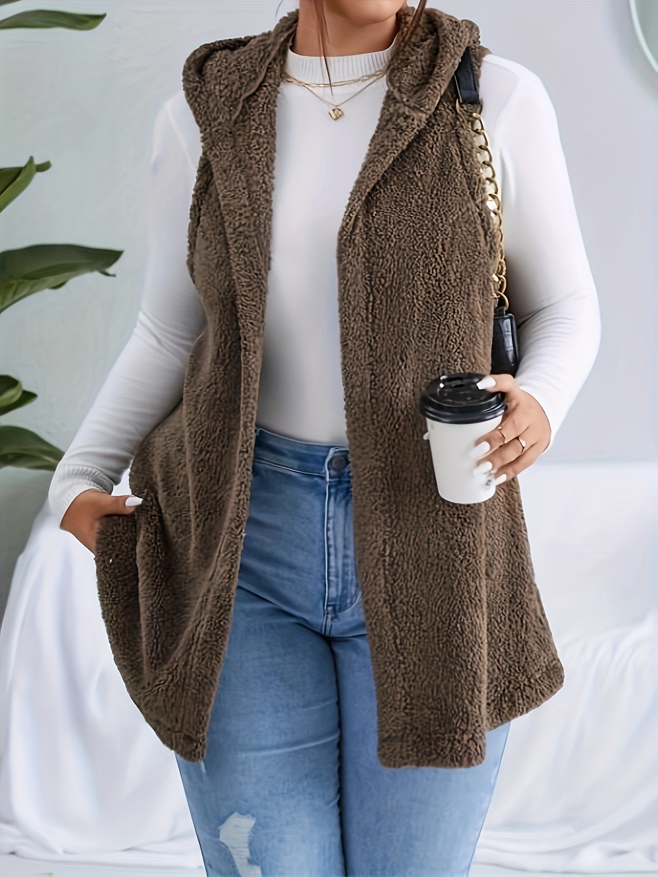 plus size casual faux fur coat womens plus solid teddy fleece hoodie open front tunic vest coat details 3