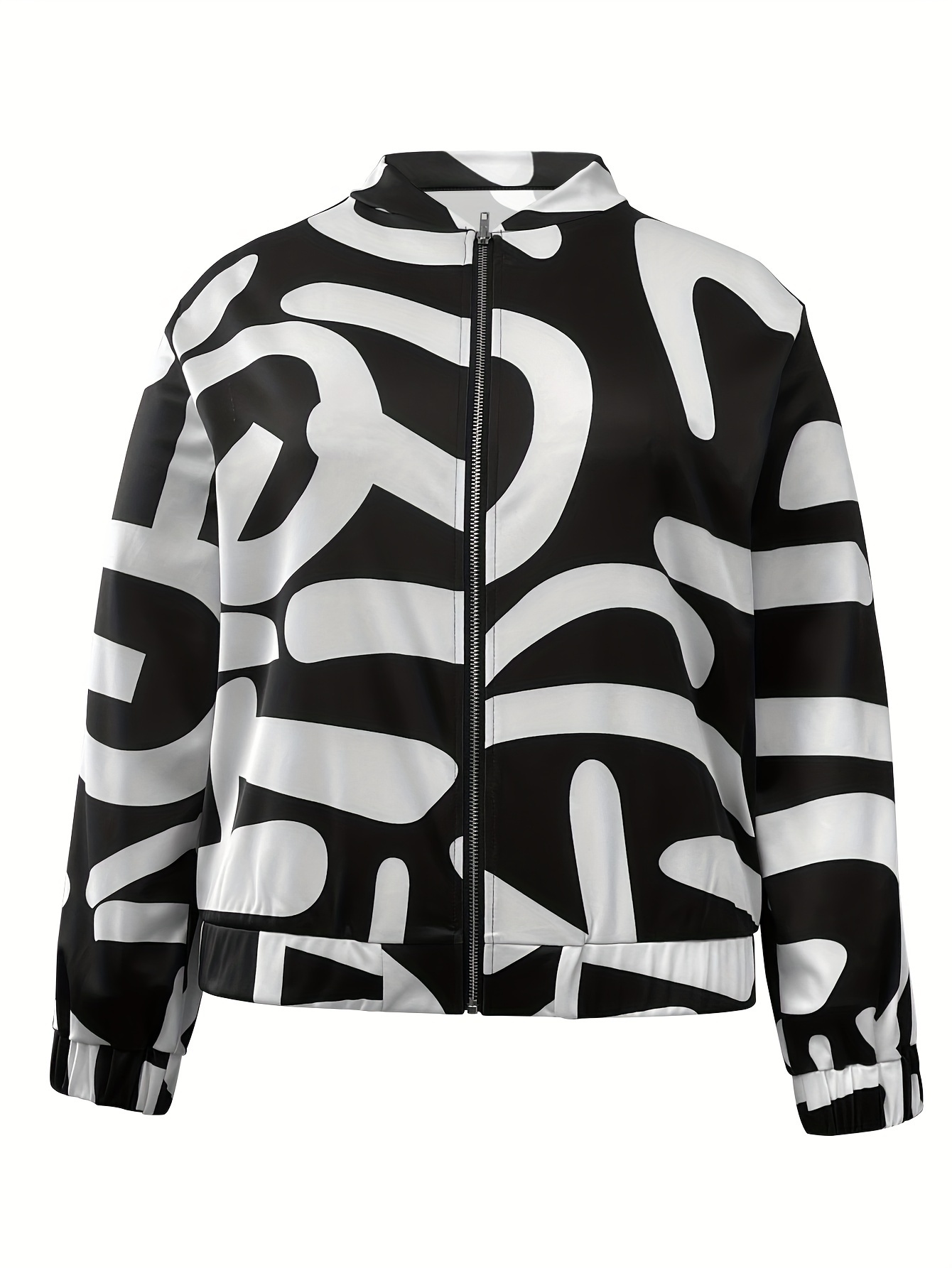 plus size casual coat womens plus graffiti print long sleeve zip up bomber jacket details 2