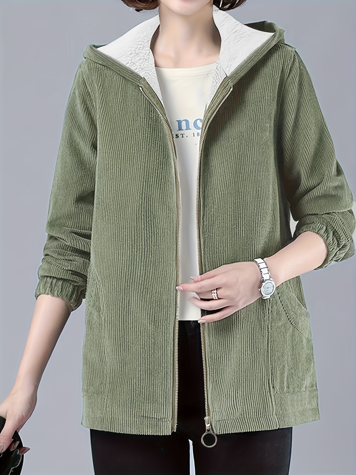 plus size casual coat womens plus solid liner fleece corduroy zipper long sleeve hooded coat with pockets details 1