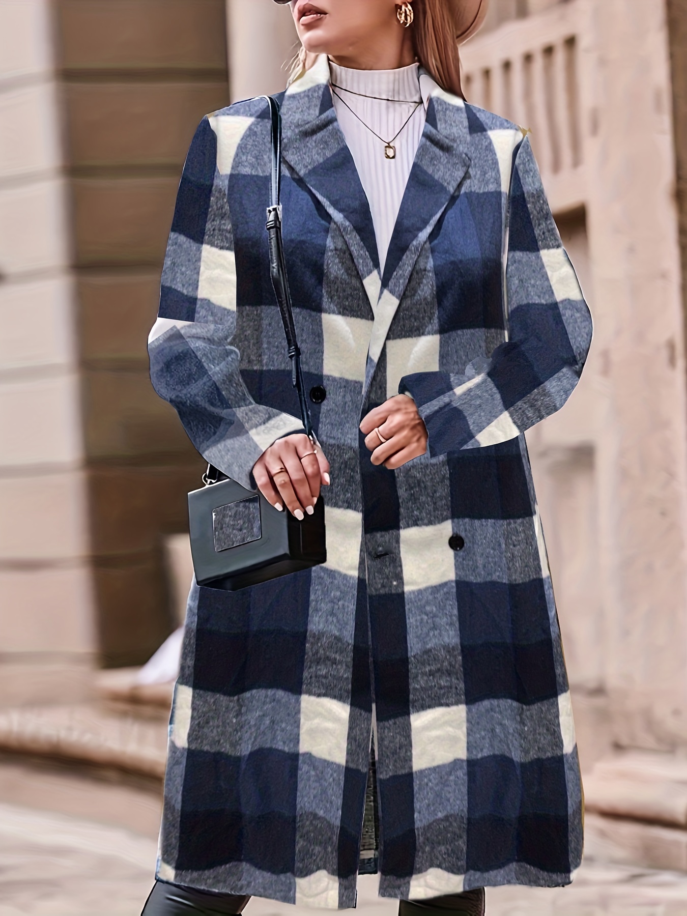 plus size casual trench coat womens plus plaid print double breasted long sleeve lapel collar long trench coat details 1