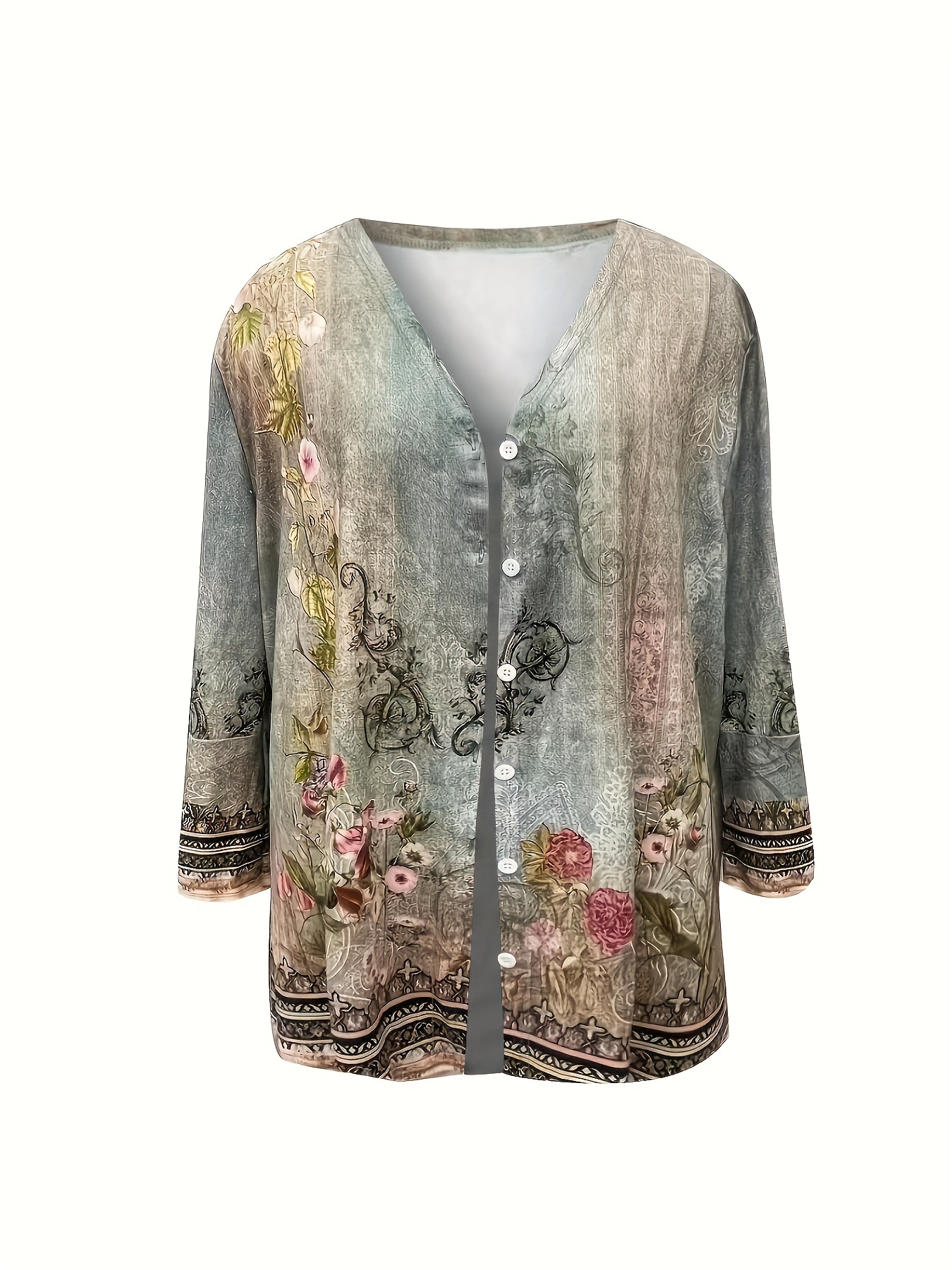 plus size elegant coat womens plus floral print button up bell sleeve v neck medium stretch coat details 5