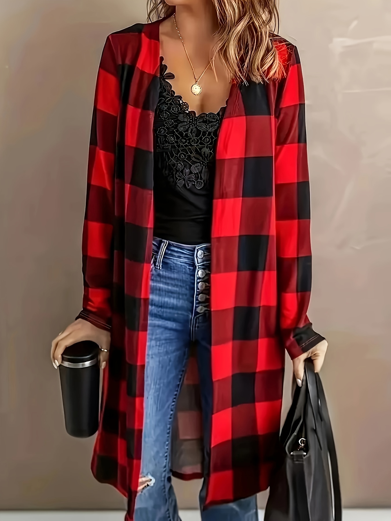 plus size plaid print open front coat casual long sleeve top for spring fall womens plus size clothing details 1