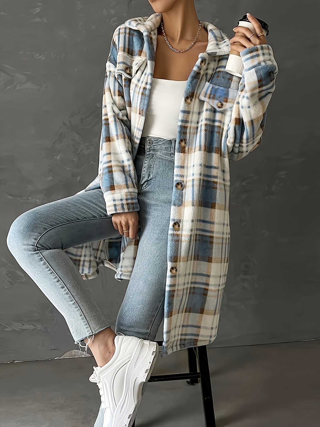 plus size casual coat womens plus plaid print fleece long sleeve button up lapel collar longline coat details 1