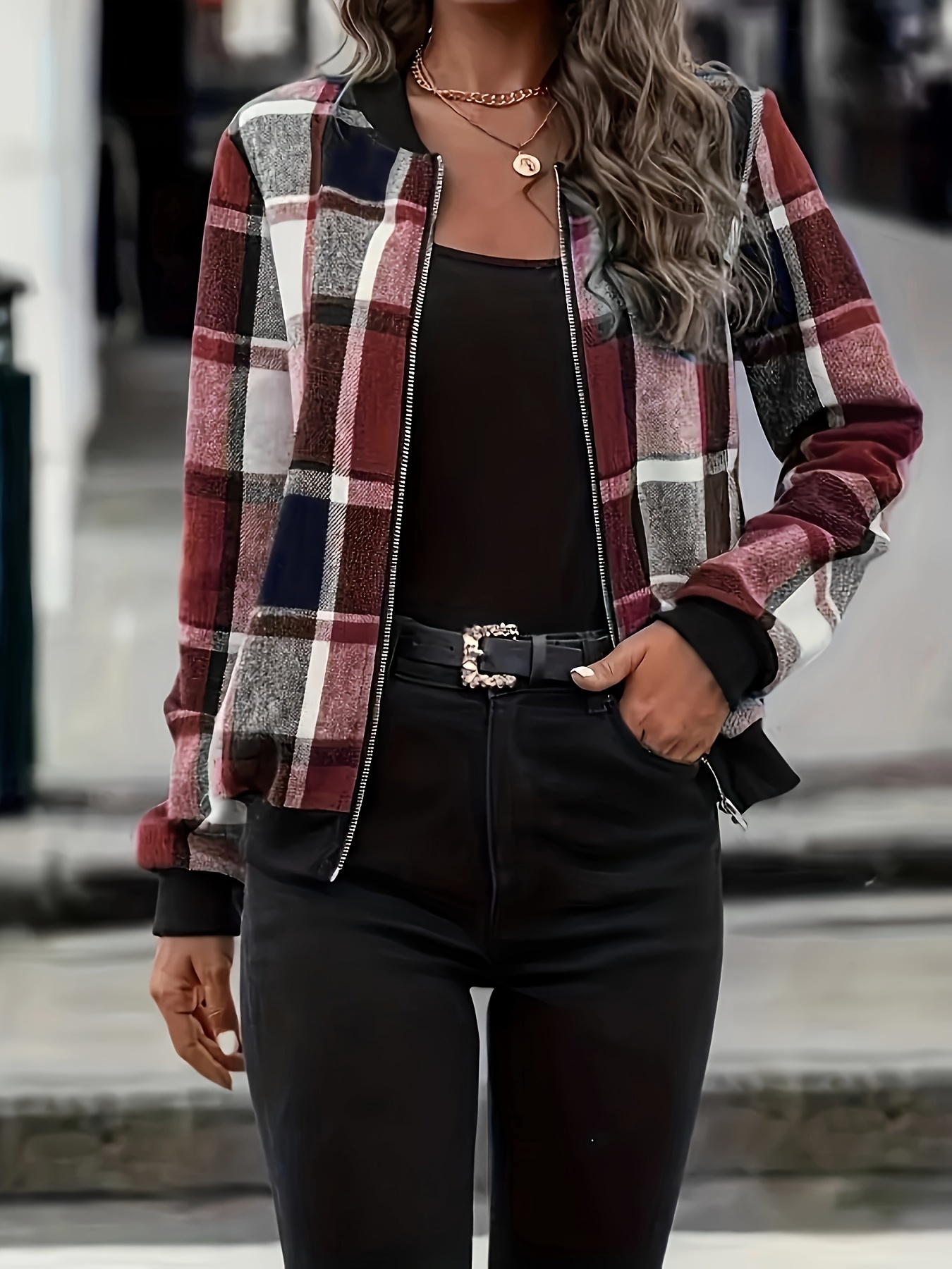 plus size casual coat womens plus plaid print zipper long sleeve slim fit bomber jacket details 2