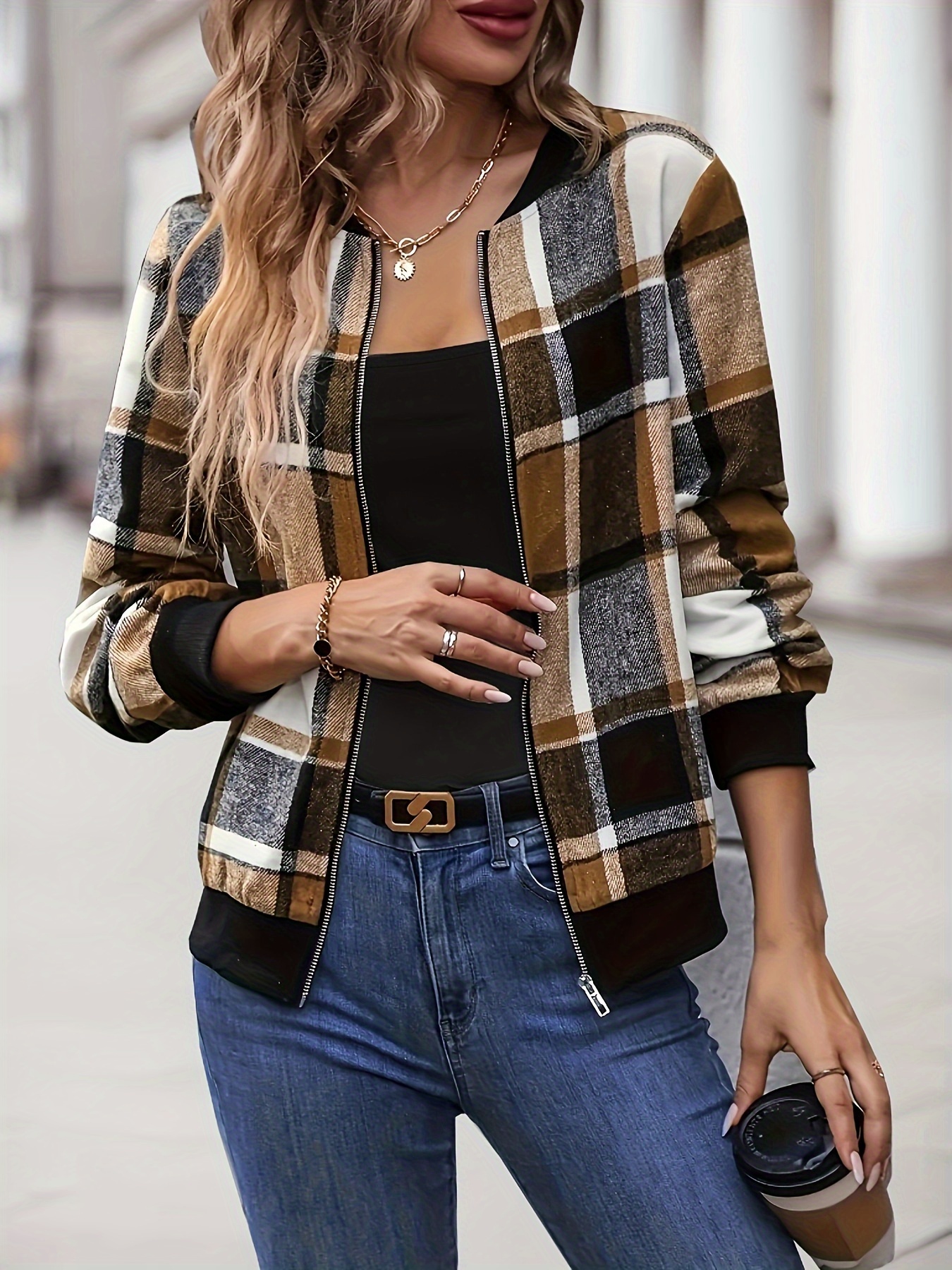 plus size casual coat womens plus plaid print zipper long sleeve slim fit bomber jacket details 6