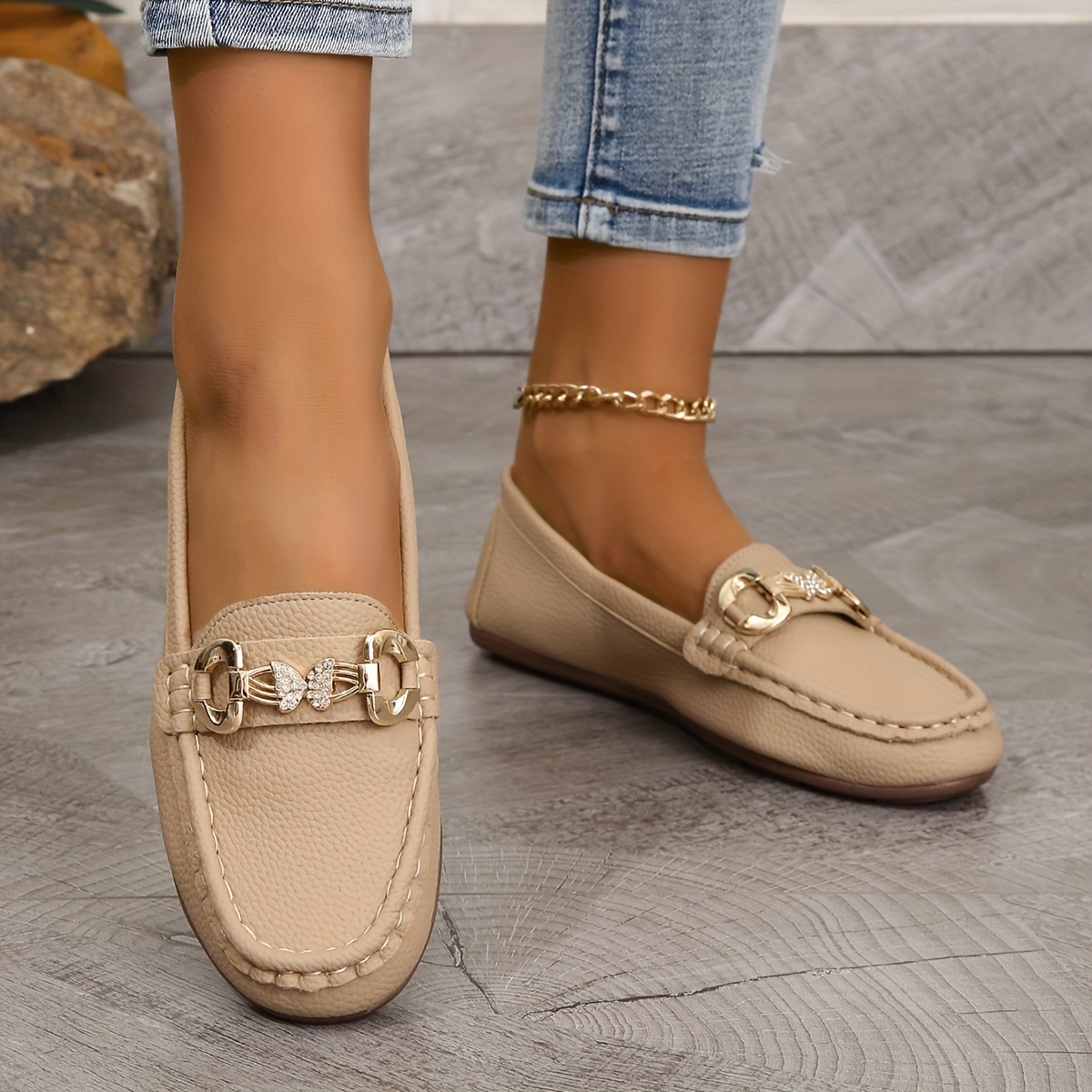 womens metallic buckle decor loafers slip on soft sole comfy low top shoes lightweight non slip shoes details 3