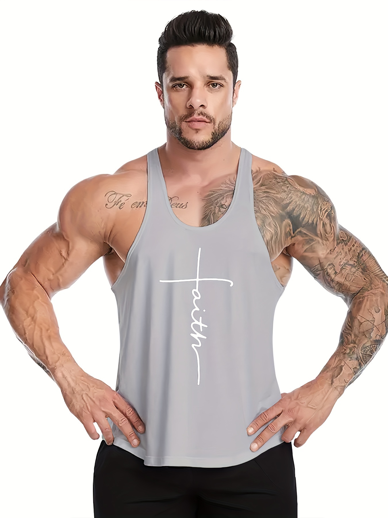 faith letter print summer mens quick dry moisture wicking breathable tank tops athletic gym bodybuilding sports sleeveless shirts for running training mens clothing details 0