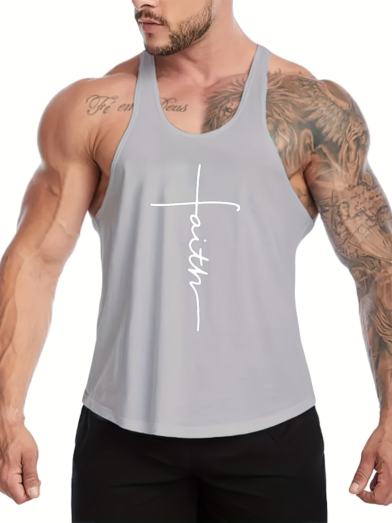 faith letter print summer mens quick dry moisture wicking breathable tank tops athletic gym bodybuilding sports sleeveless shirts for running training mens clothing details 2