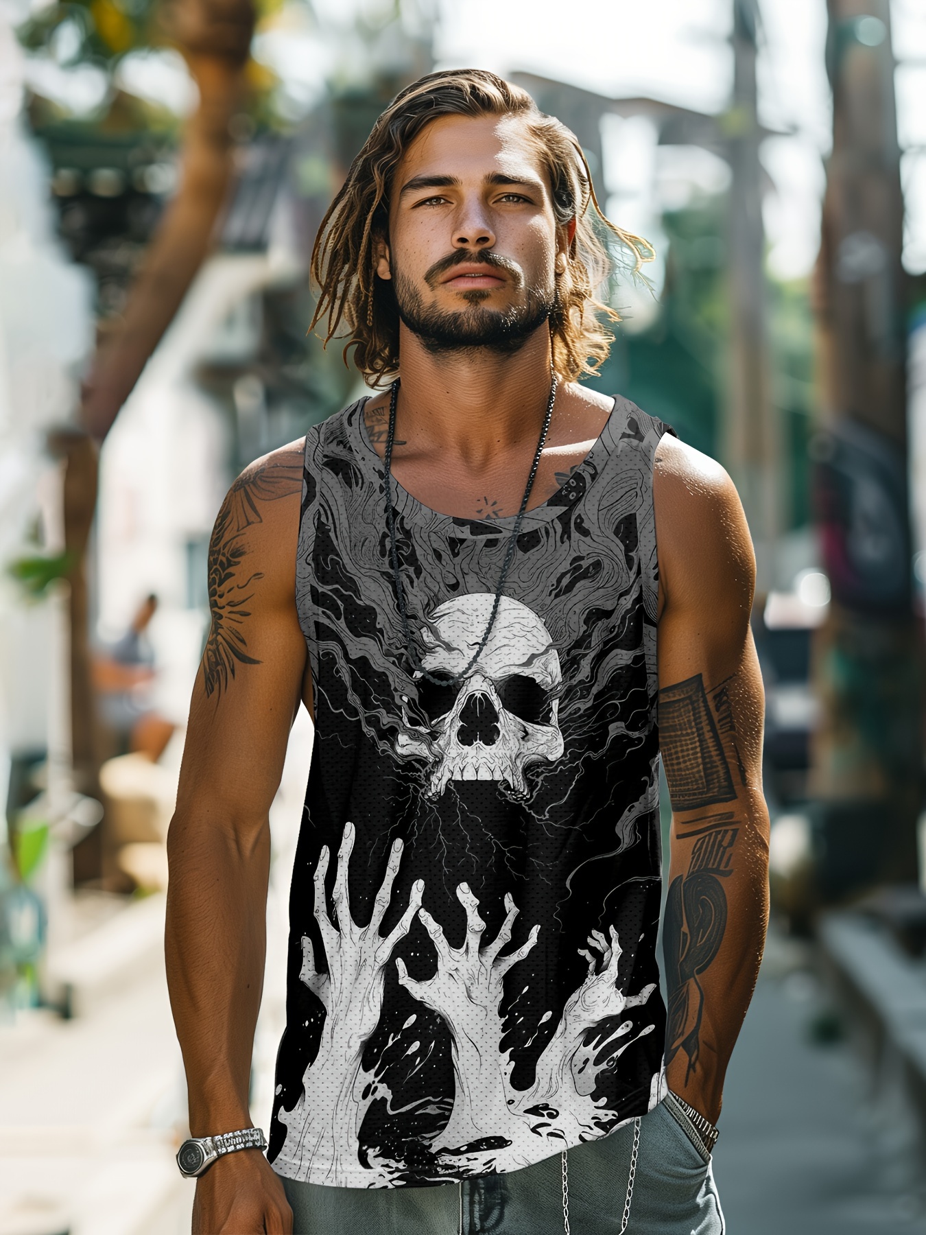 White Skull Palms Print Men s Summer Black Sleeveless Vest Smooth Comfort Fit Loose Sleeveless   Beach Vacation Vest Trendy Fashion Clothing Tops details 0