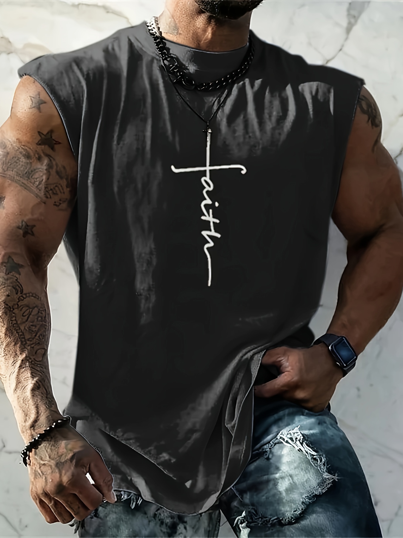 faith digital print mens sleeveless round neck fitness sports tank top summer outdoor details 0