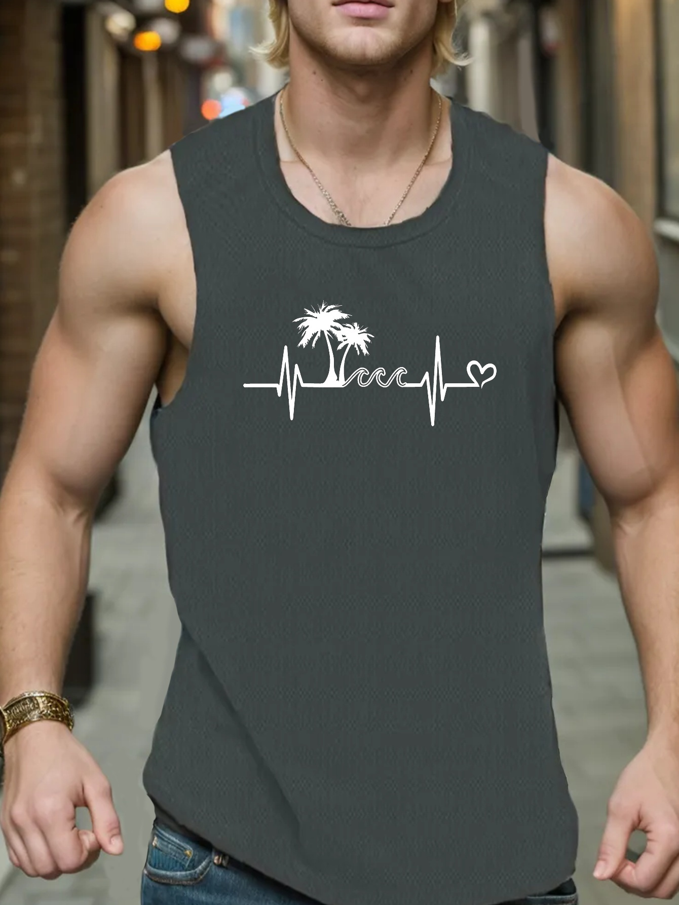 palm trees print sleeveless tank top mens active undershirts for workout at the gym details 10